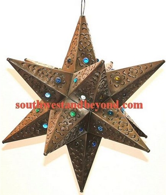 33534-C 20" Mexican Hanging Tin Star Light 12Pt Marbled Glass