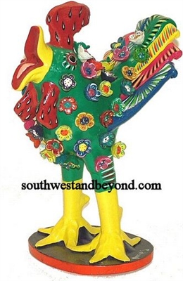 44433-A04 Hand Painted Clay Rooster With Feathers