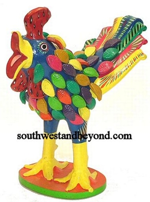 44434-A04 Hand Painted Clay Rooster With Feathers